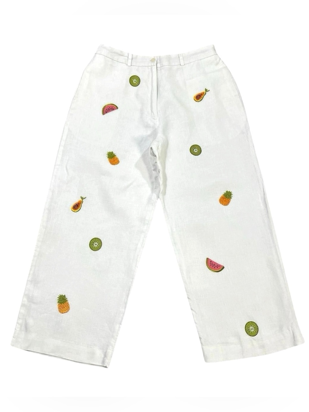 Vintage 90s Jillian Jones Embroidered Fruit Linen Capri Pants - Size 10